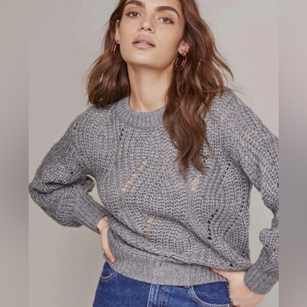 ASTR The Label Dora Pointelle Cable Knit Wool-blend Sweater XS Heather Gray